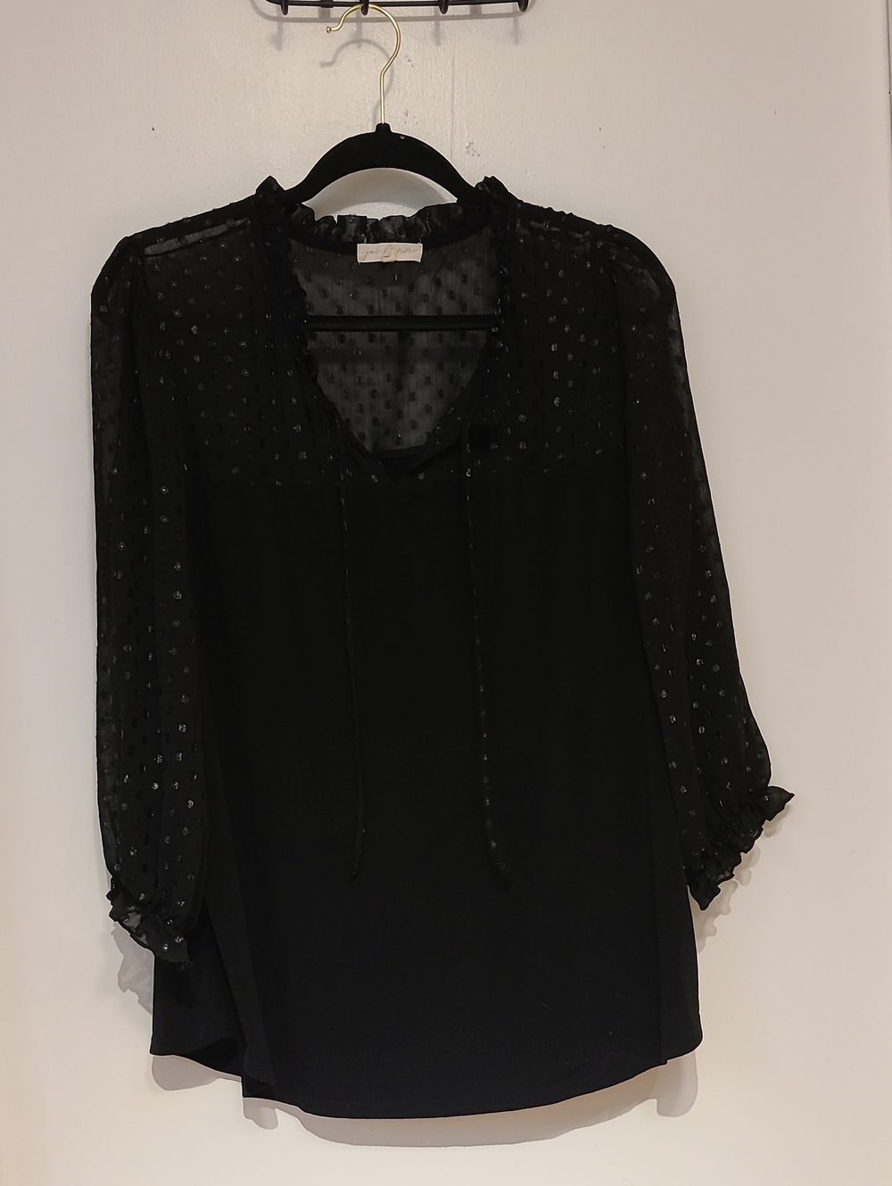 Black Sheer Dot Ruffle Neck Blouse - Brand:
